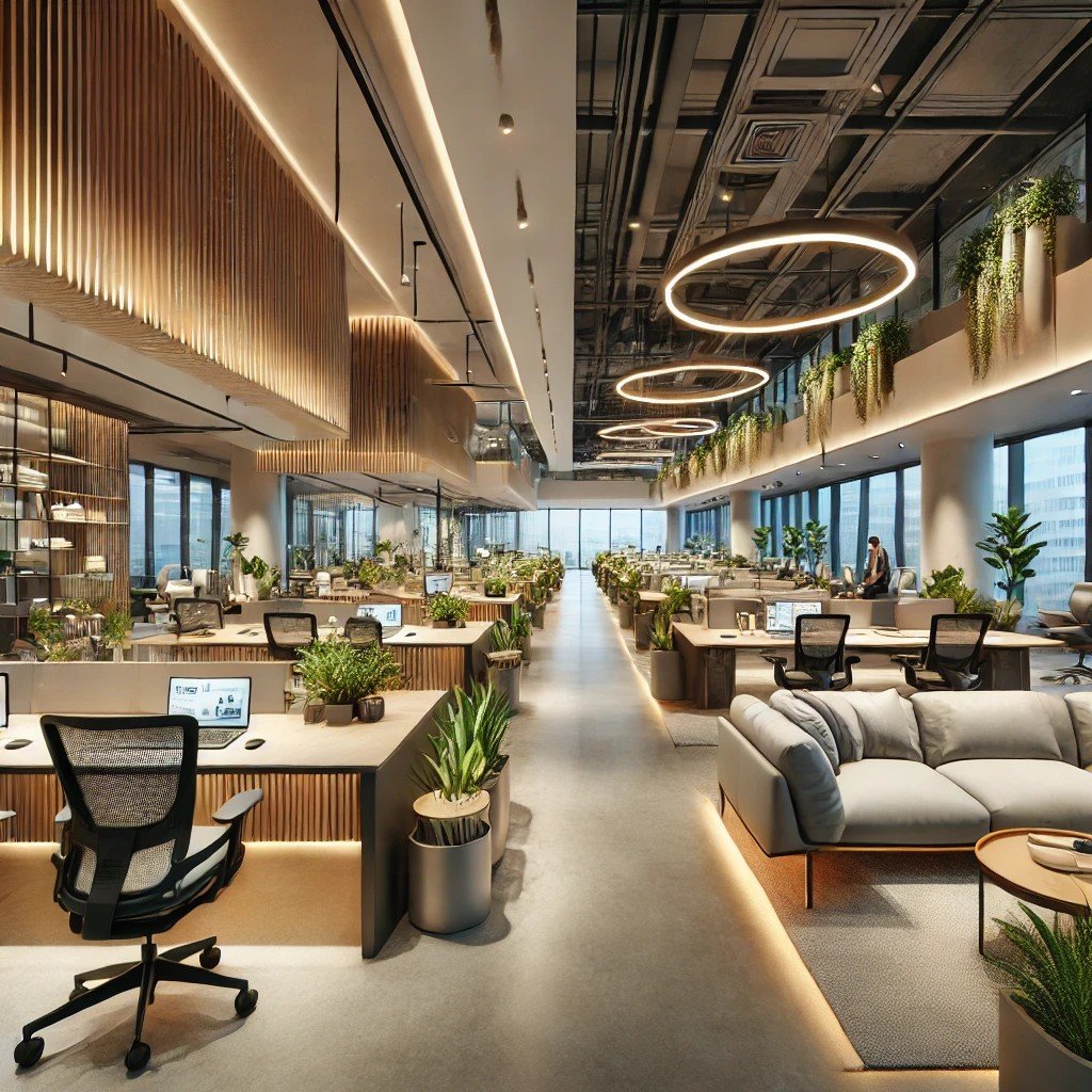 A modern and sophisticated commercial interior design in Delhi, Noida, and Gurgaon. The image showcases a well-designed office space with ergonomic fu